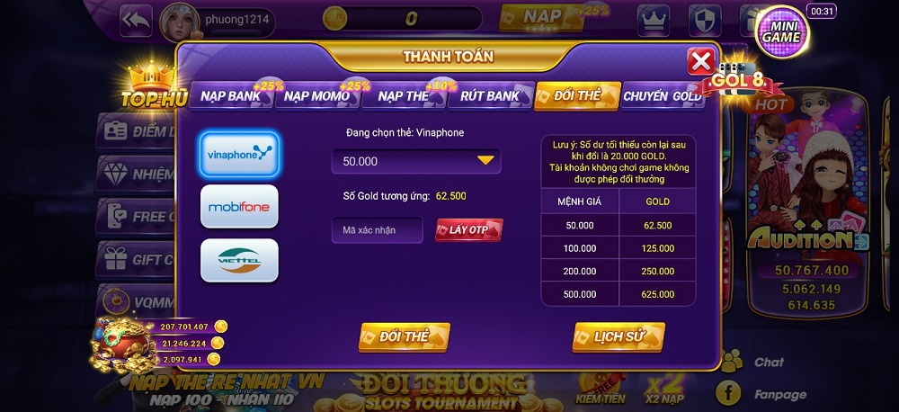 Các bước nạp tiền game Mio99